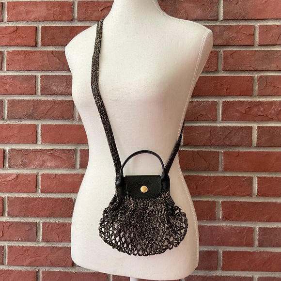 Longchamp Le Pliage Filet XS Stretch Mesh Crossbody Black Gold Bag NWT - Picture 2 of 14